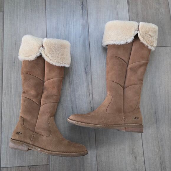 UGG Sibley Knee Tall Sheepskin Lined Suede Camel Brown Boots Women Sz 8.5 - Picture 10 of 14